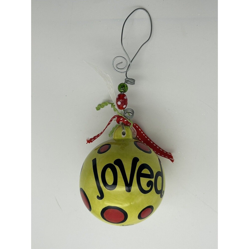 Glory Haus Laura Kirkland “Loved” Christmas Ornament Red Polka Dots Green